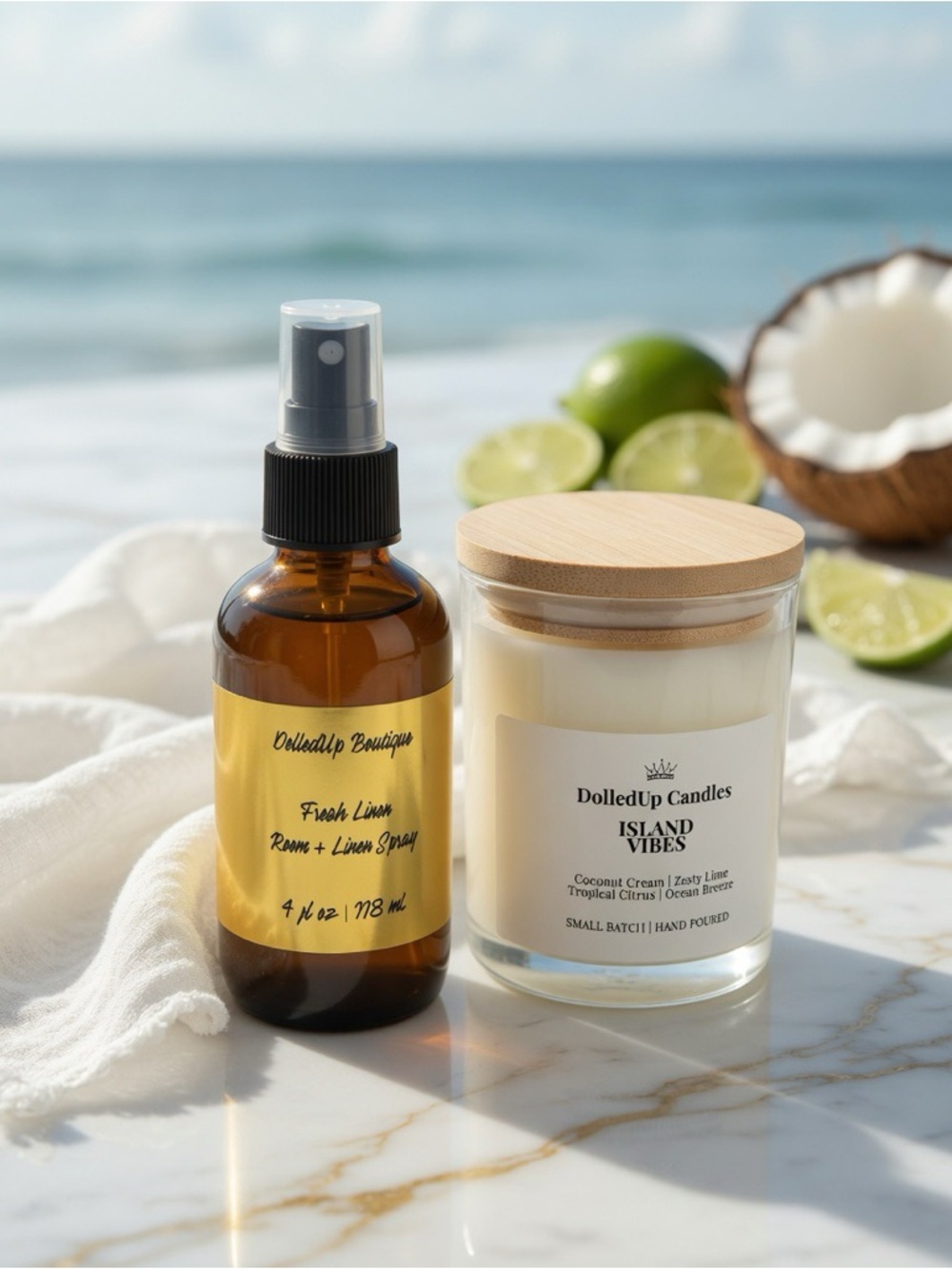 Fresh Island Linen Sanctuary Set | 9oz Coconut Lime Candle + Linen Room Spray